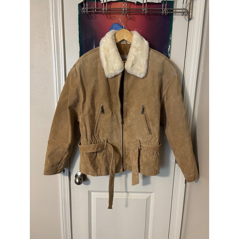 Northwest Territory Tan Suede Jacket Faux Fur Collar Belted Vintage Style Mens M